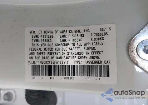 2015 Honda Accord Ex-L from USA, damaged, VIN 1HGCR2F85FA182519